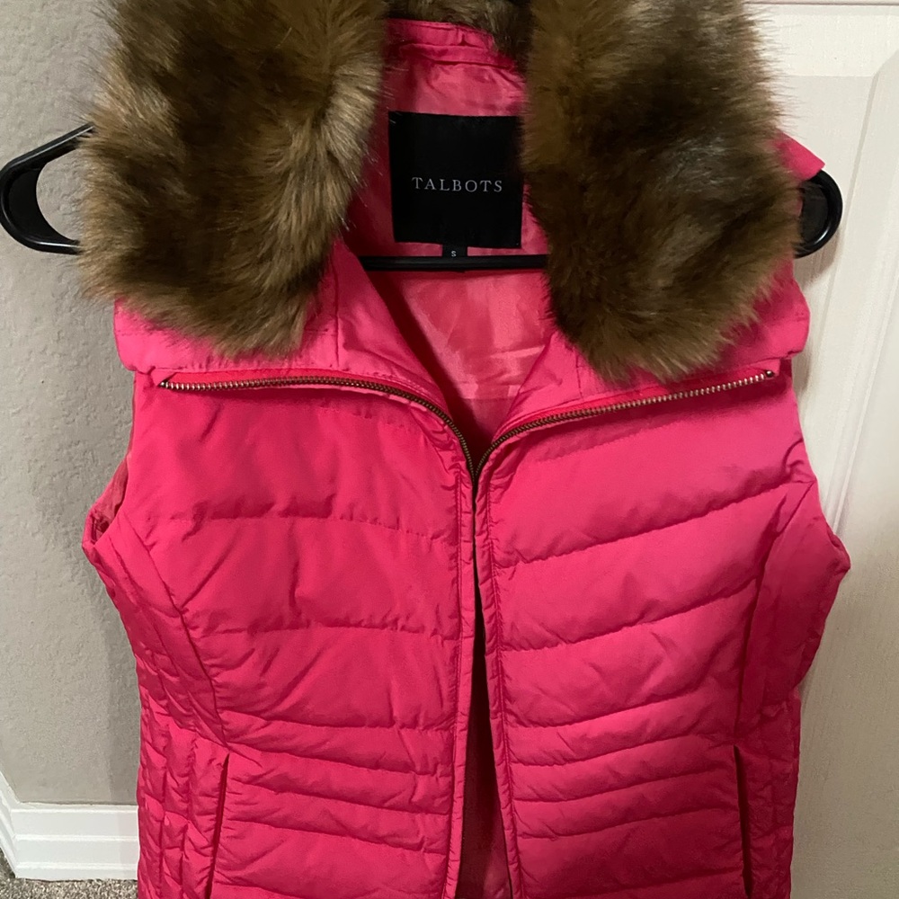 Talbots Pink Puffer Vest with Faux Fur Collar